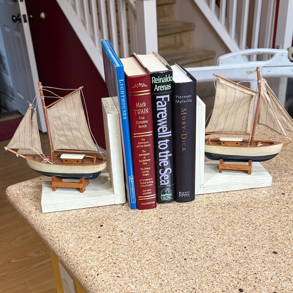Vintage Nautical Sailboat Bookends - Cream and Brown